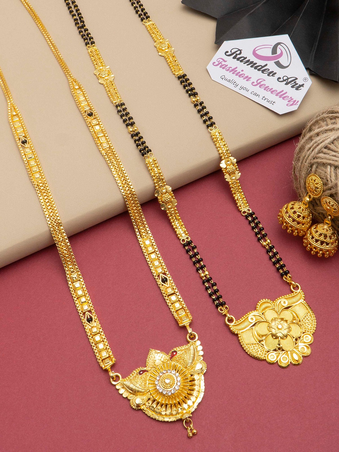 

Ramdev Art Fashion Jwellery Set Of 2 Gold-Plated Beaded Mangalsutra With Earrings