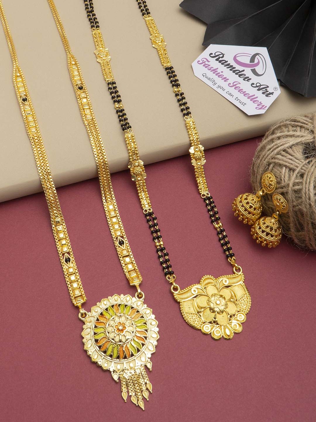 

Ramdev Art Fashion Jwellery Set Of 2 Gold-Plated Beaded Mangalsutra With Earrings
