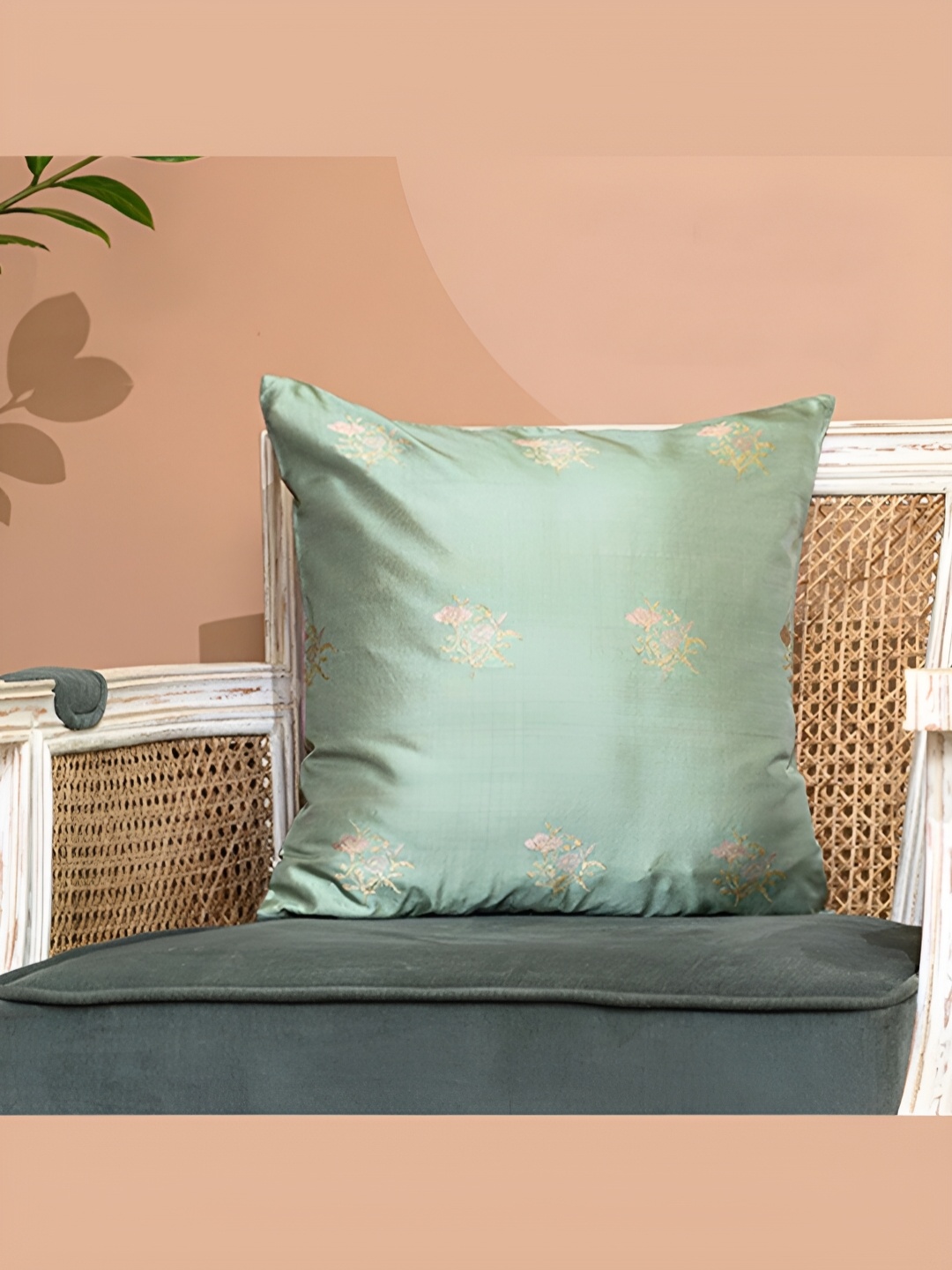 

Peepul Tree Green & Gold Toned Floral Square Cushion Cover
