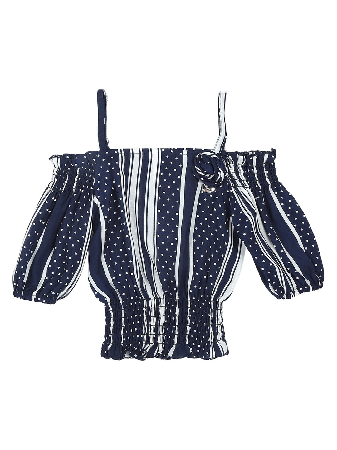 

Actuel Striped Off-Shoulder Puff Sleeves Cinched Waist Crop Top, Navy blue