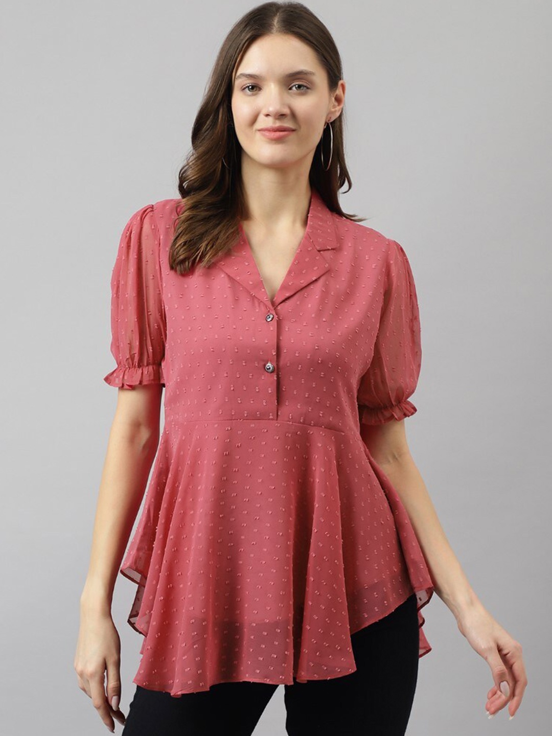 

BAESD Self Design Lapel Collar Puff Sleeve Casual Asymmetric Top, Pink