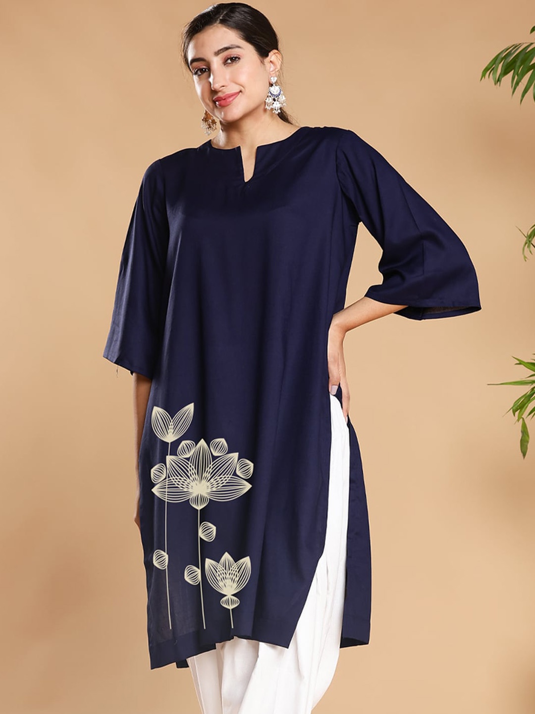 

LetsDressUp Floral Printed Notched Neck Flared Sleeves Kurta, Navy blue