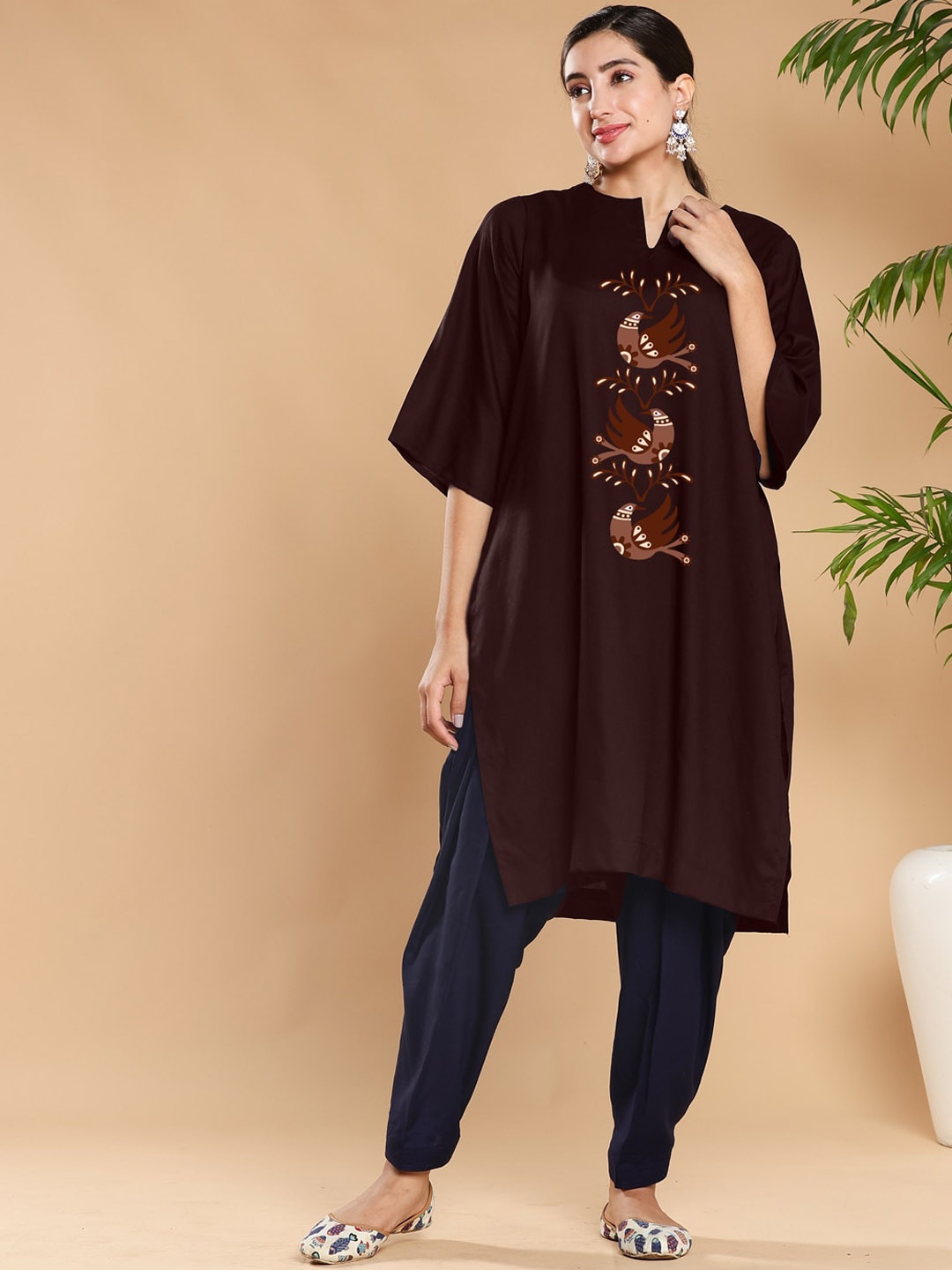 

LetsDressUp Quirky Printed Notched Neck Flared Sleeves Straight Kurta, Coffee brown