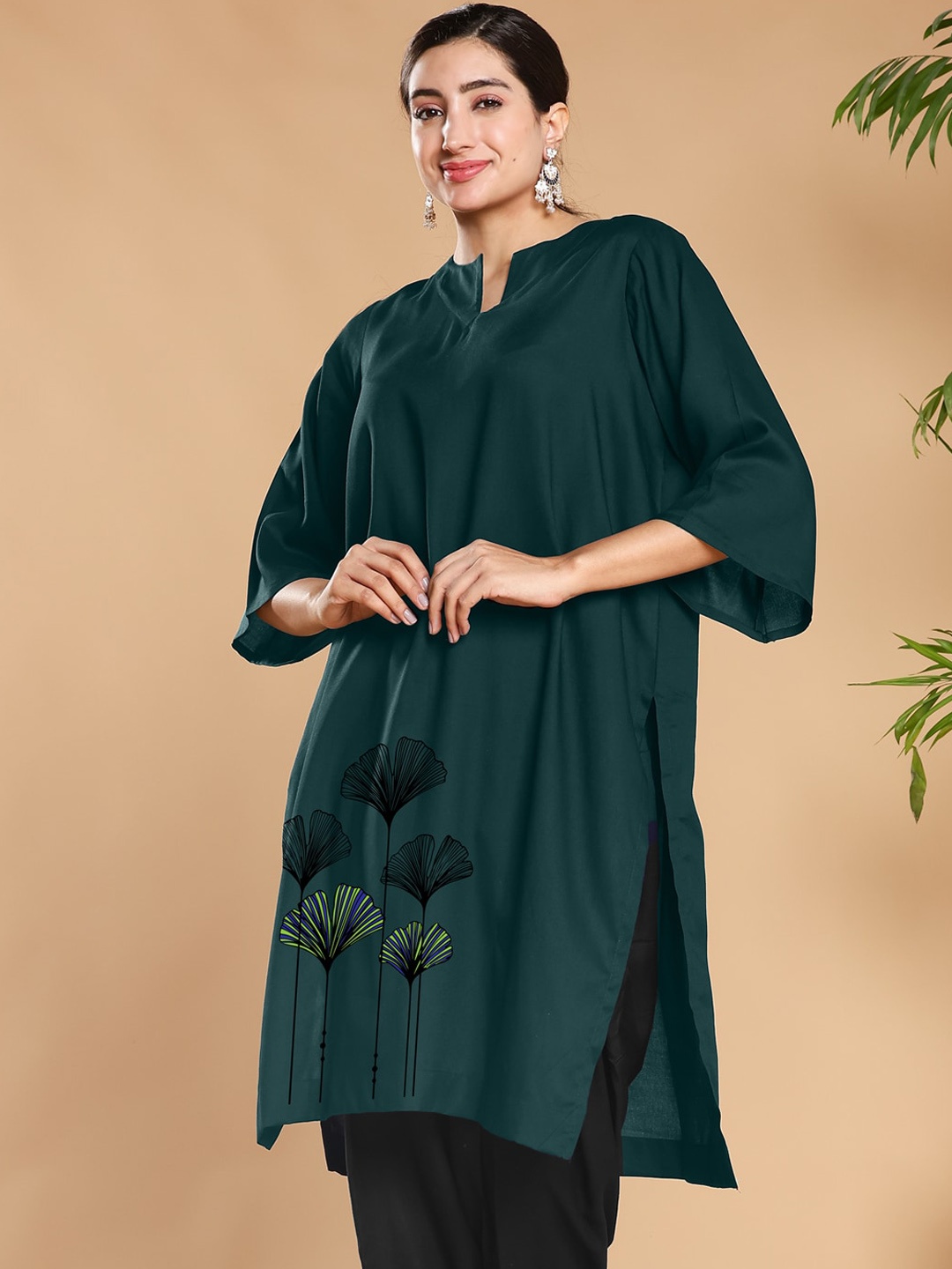 LetsDressUp Floral Printed Notched Neck Flared Sleeves High-Low Kurta, Green