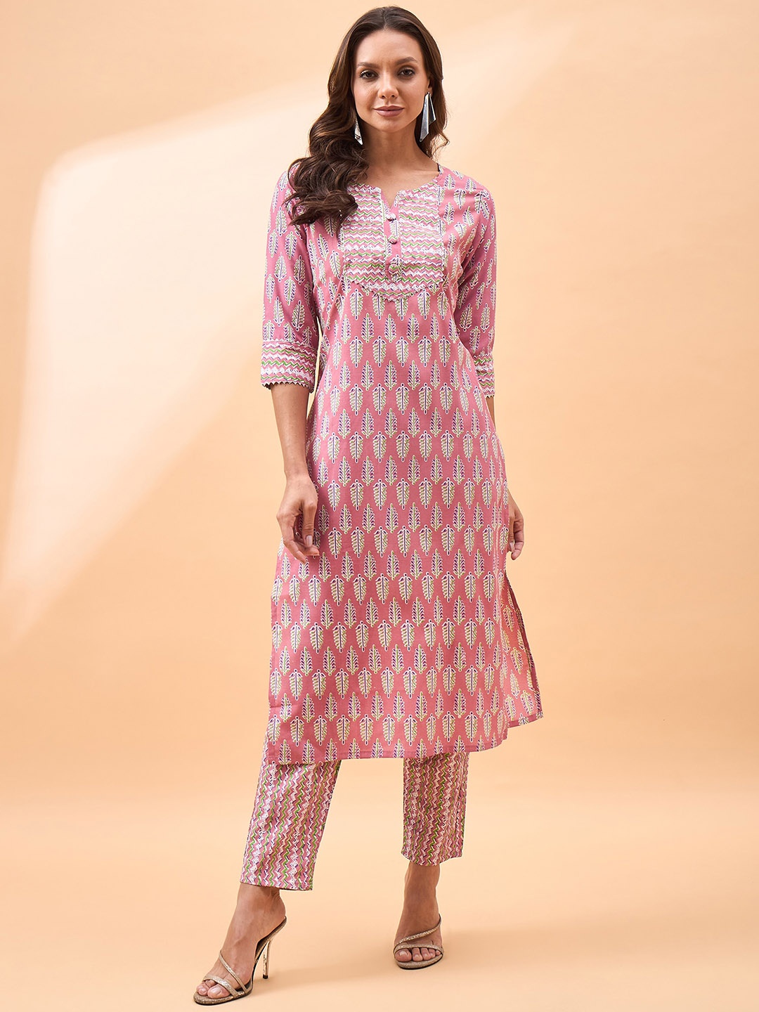 

all about you Ethnic Motifs Printed V-Neck Gotta Patti Straight Kurta With Trousers, Pink