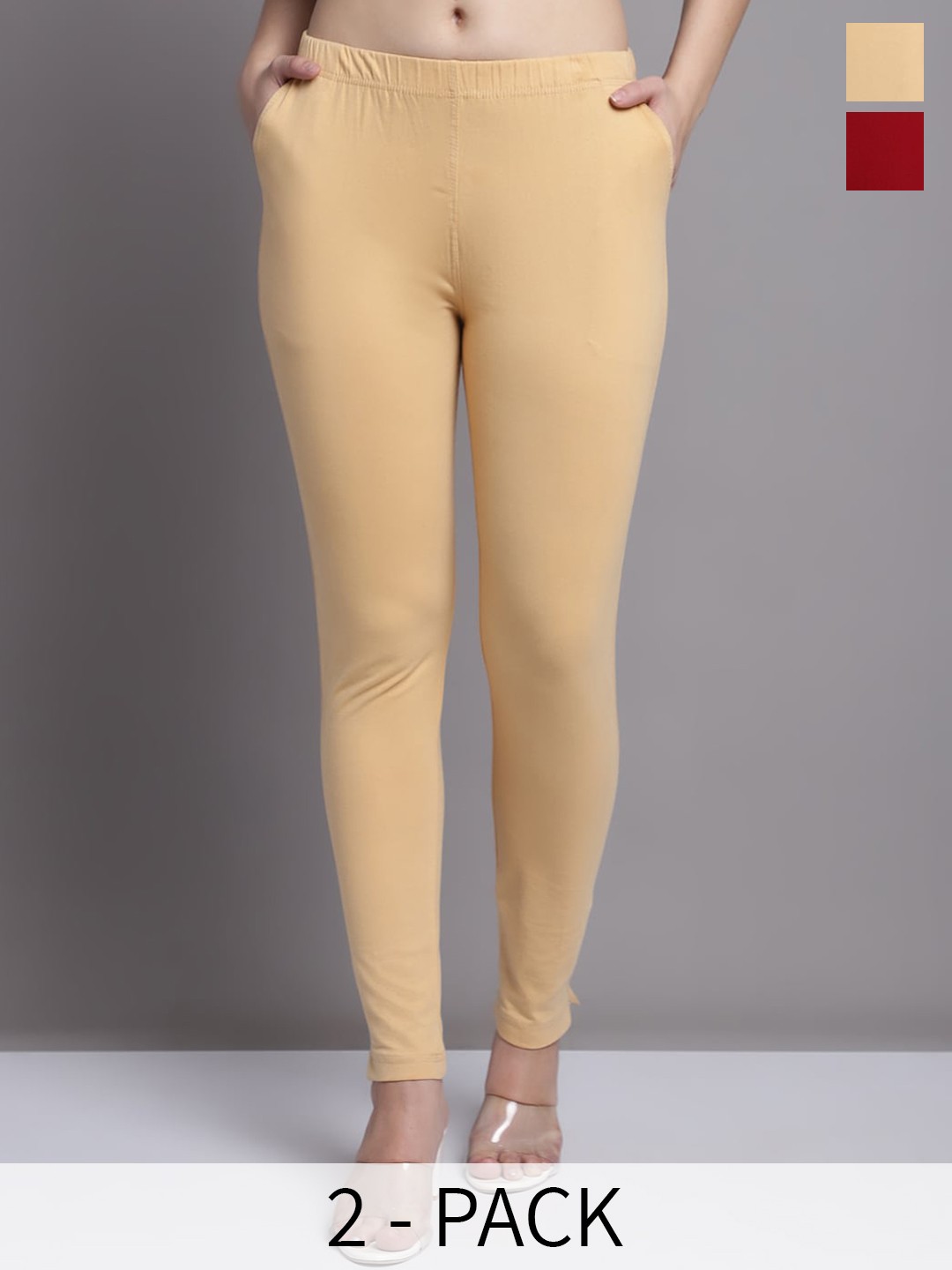 

Jinfo Pack Of 2 Ankle Length Slip-On Leggings, Beige