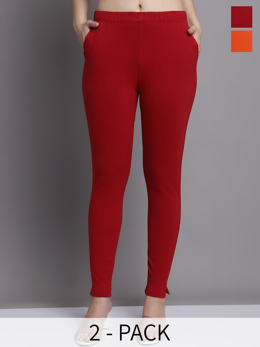 

Jinfo Pack Of 2 Ankle Length Slip-On Leggings, Orange