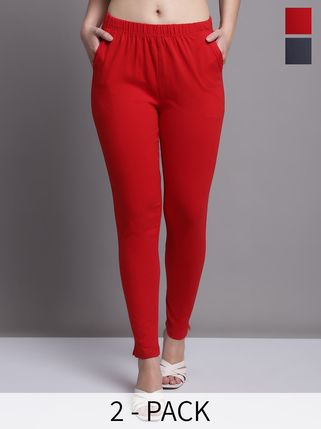 

Jinfo Pack Of 2 Skinny-Fit Ankle Length Leggings, Red