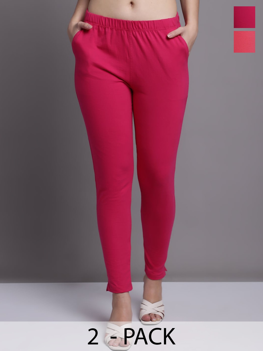 

Jinfo Pack Of 2 Skinny-Fit Ankle Length Leggings With Side Pockets, Pink
