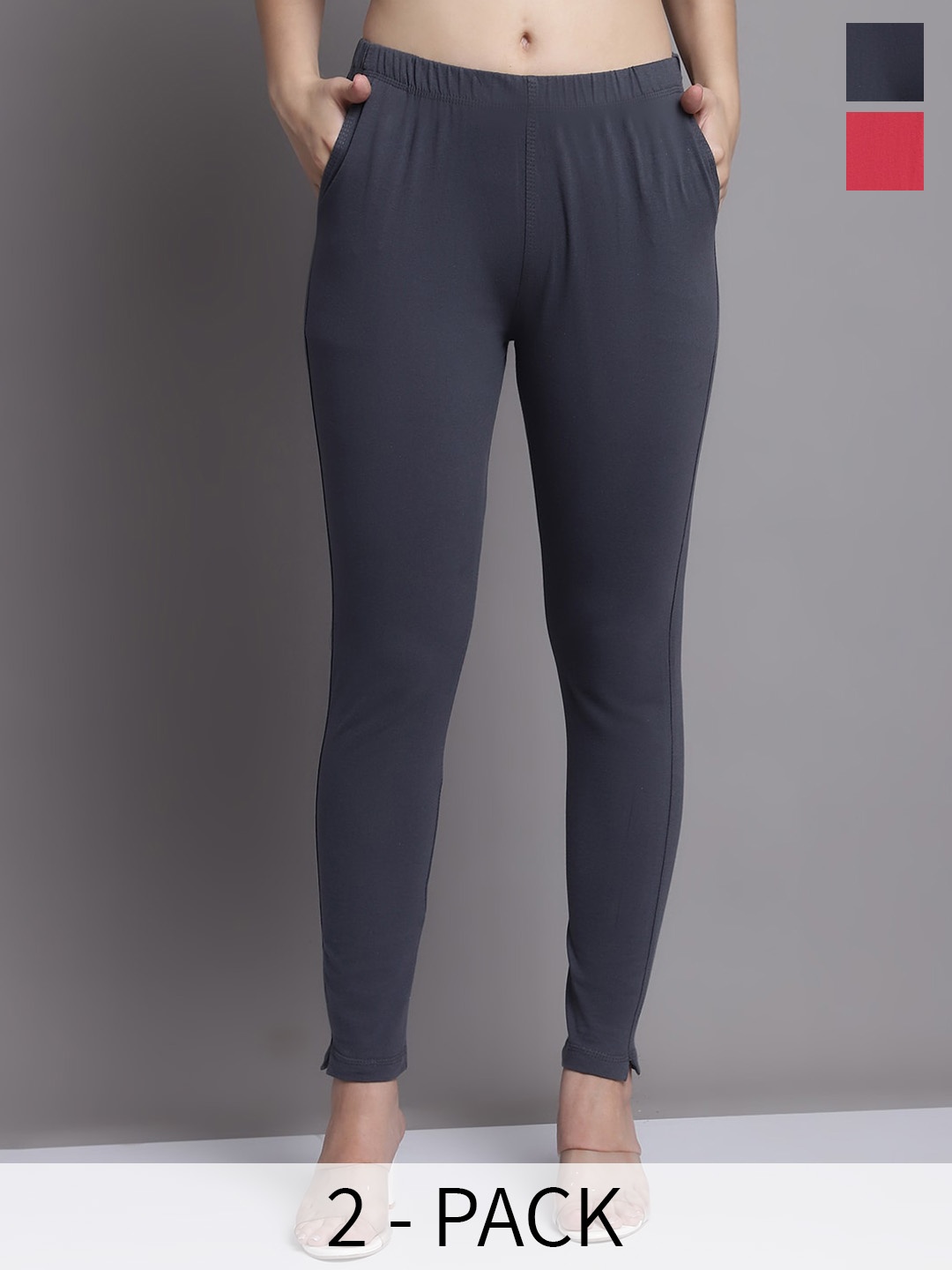 

Jinfo Pack Of 2 Skinny-Fit Ankle Length Leggings, Grey