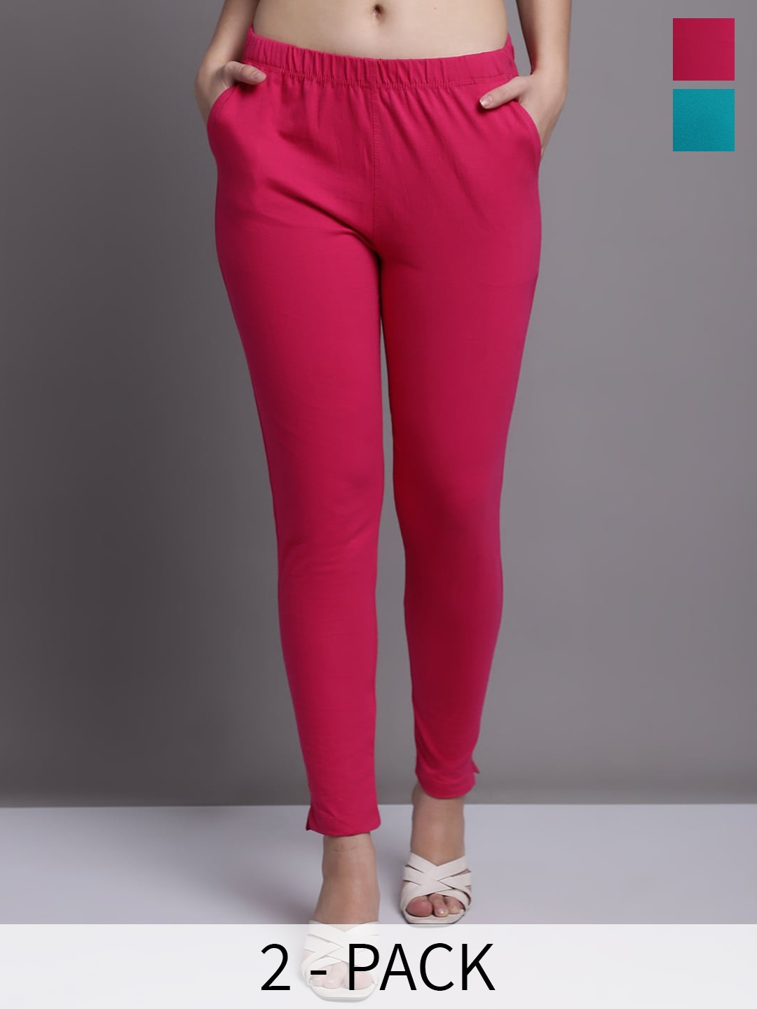 

Jinfo Pack Of 2 Skinny-Fit Ankle Length Leggings, Pink