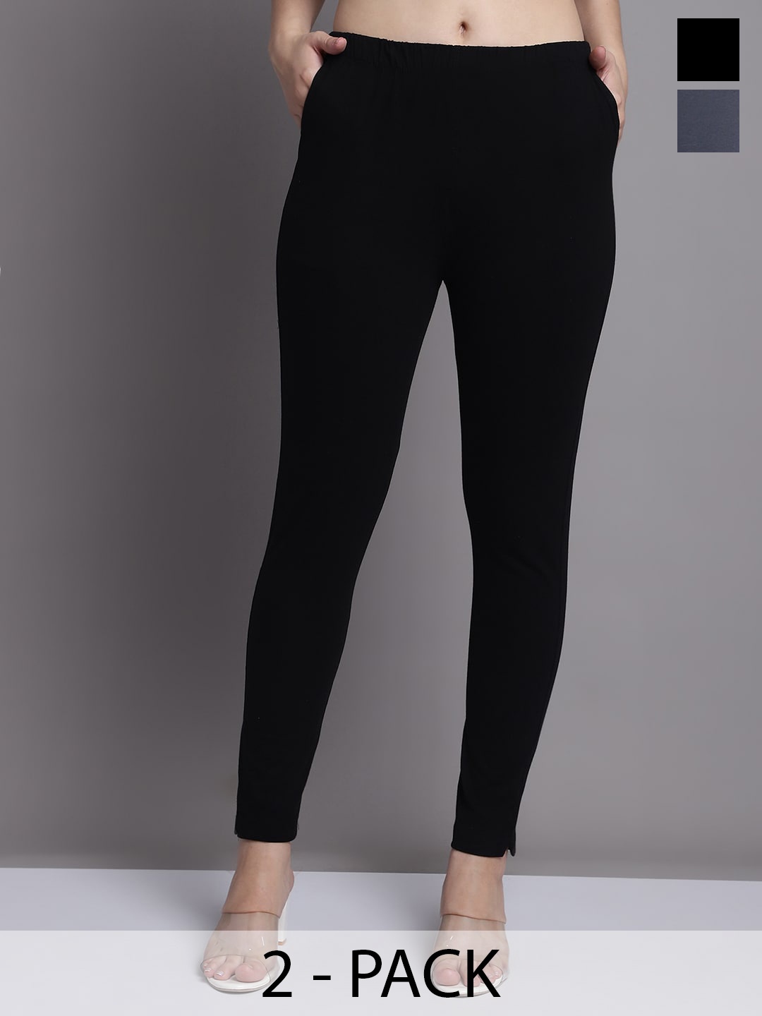 

Jinfo Pack Of 2 Skinny-Fit Ankle Length Leggings With Side Pockets, Black