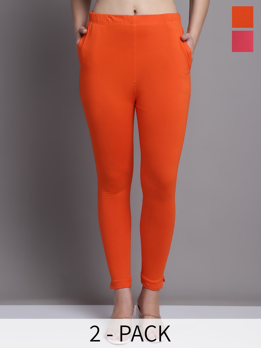 

Jinfo Pack Of 2 Skinny-Fit Ankle Length Leggings, Orange