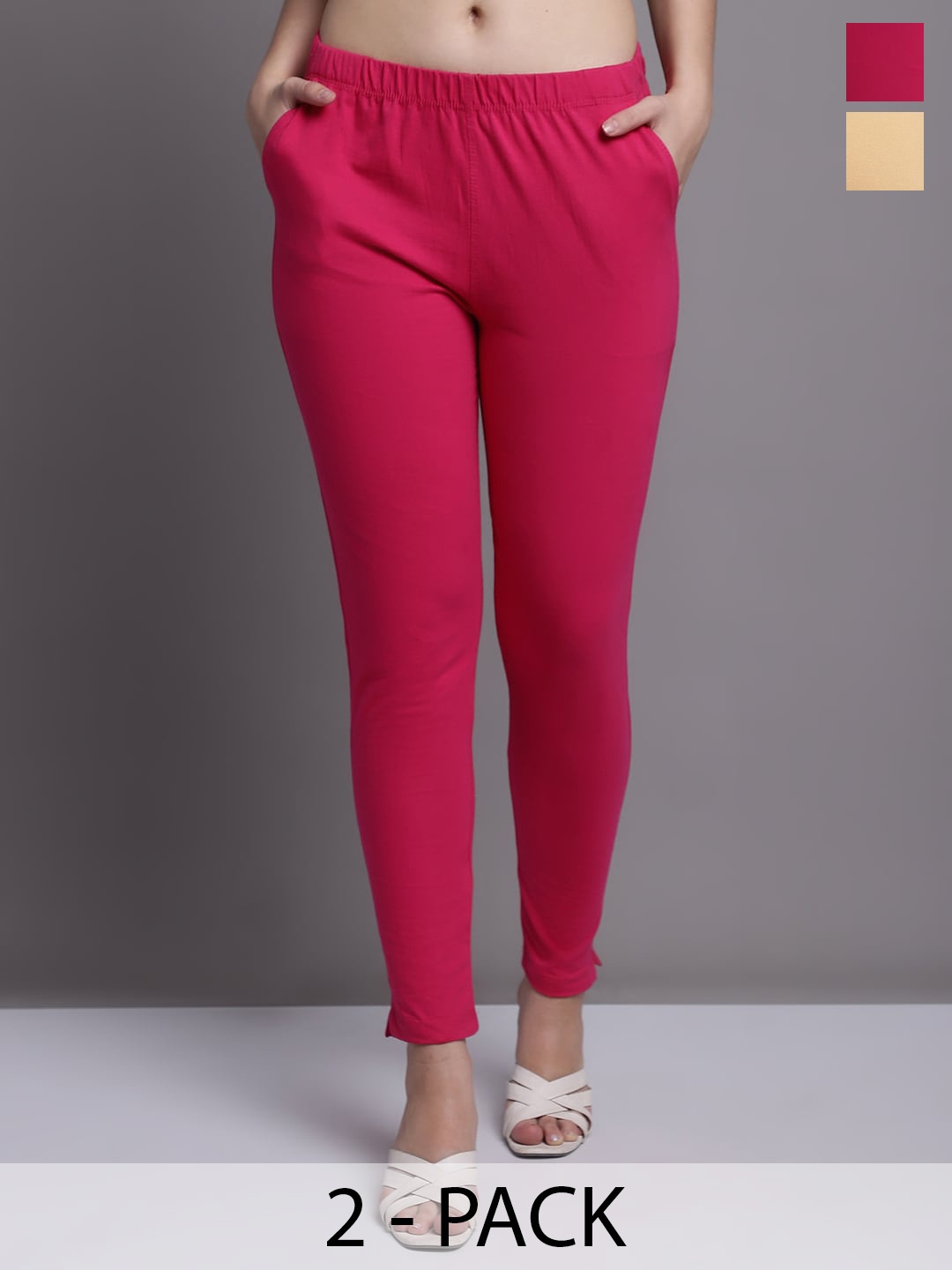 

Jinfo Pack Of 2 Skinny-Fit Ankle Length Leggings, Pink