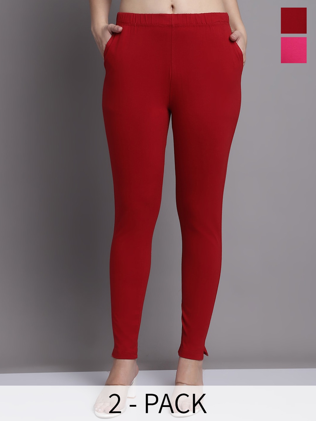 

Jinfo Pack Of 2 Skinny-Fit Ankle Length Leggings, Pink