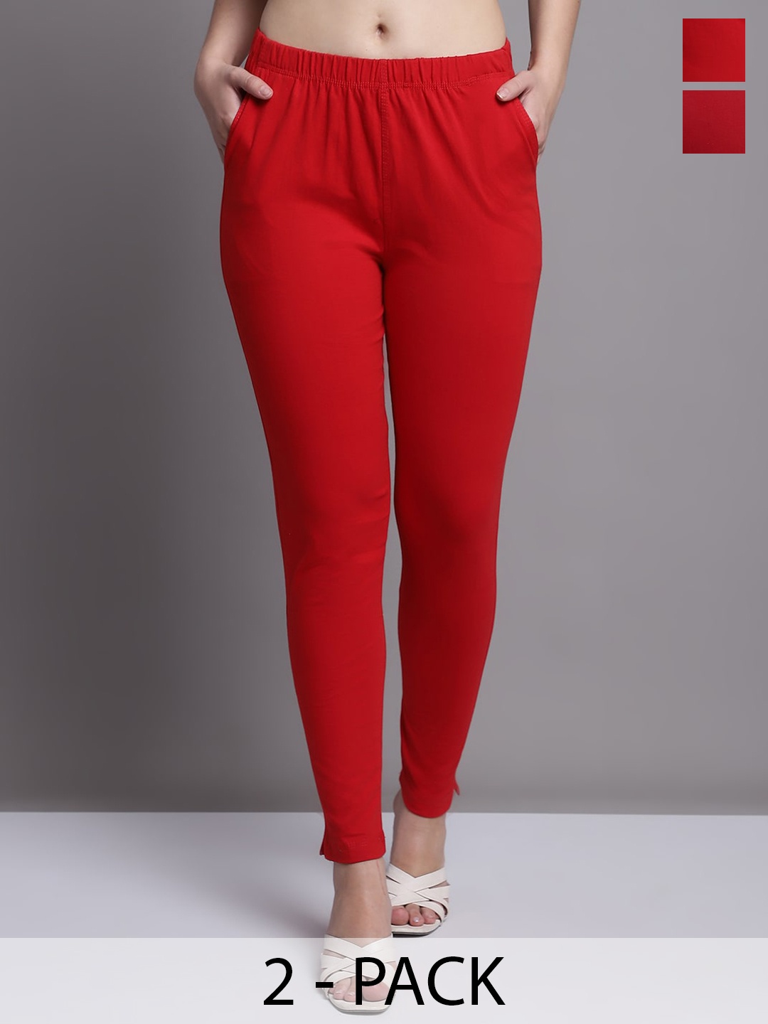 

Jinfo Pack Of 2 Skinny-Fit Ankle Length Leggings, Red