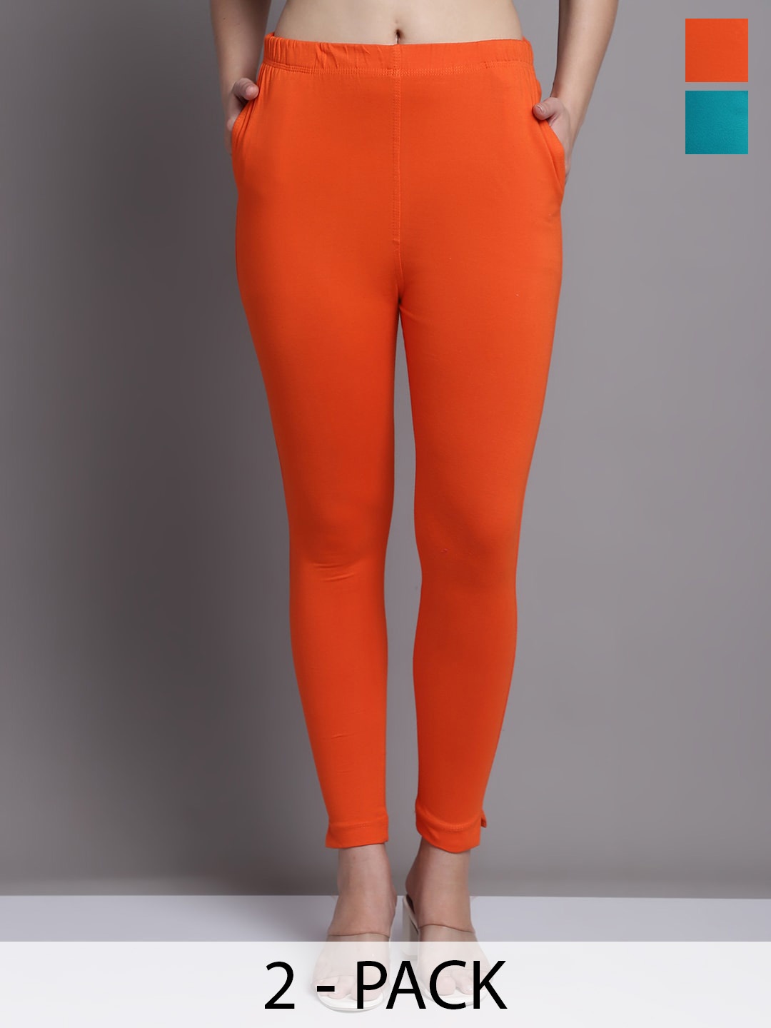 

Jinfo Pack Of 2 Skinny-Fit Ankle Length Leggings With Side Pockets, Orange