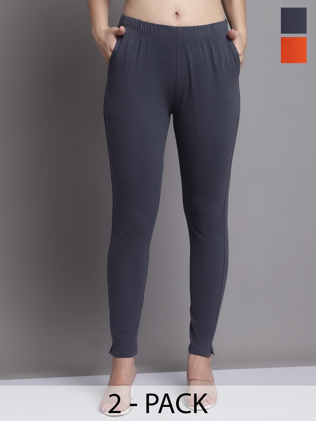

Jinfo Pack Of 2 Skinny-Fit Ankle Length Leggings, Grey