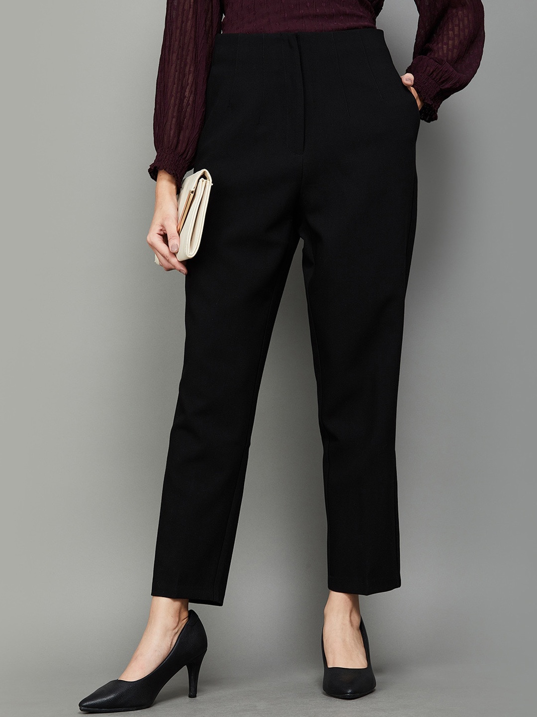 

CODE by Lifestyle Women Regular Fit Mid-Rise Plain Regular Trousers, Black