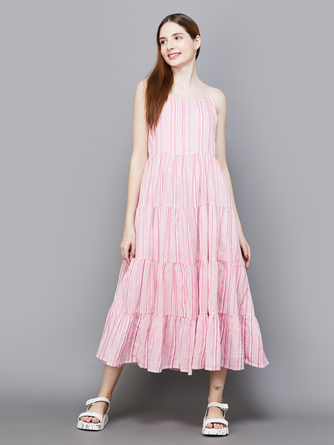 

Colour Me by Melange Striped Sleeveless Tiered Cotton A-Line Midi Dress, Pink