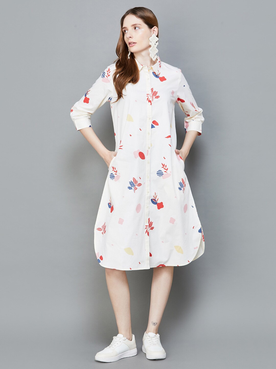 

Colour Me by Melange Floral Printed Cotton Shirt Dress, Off white