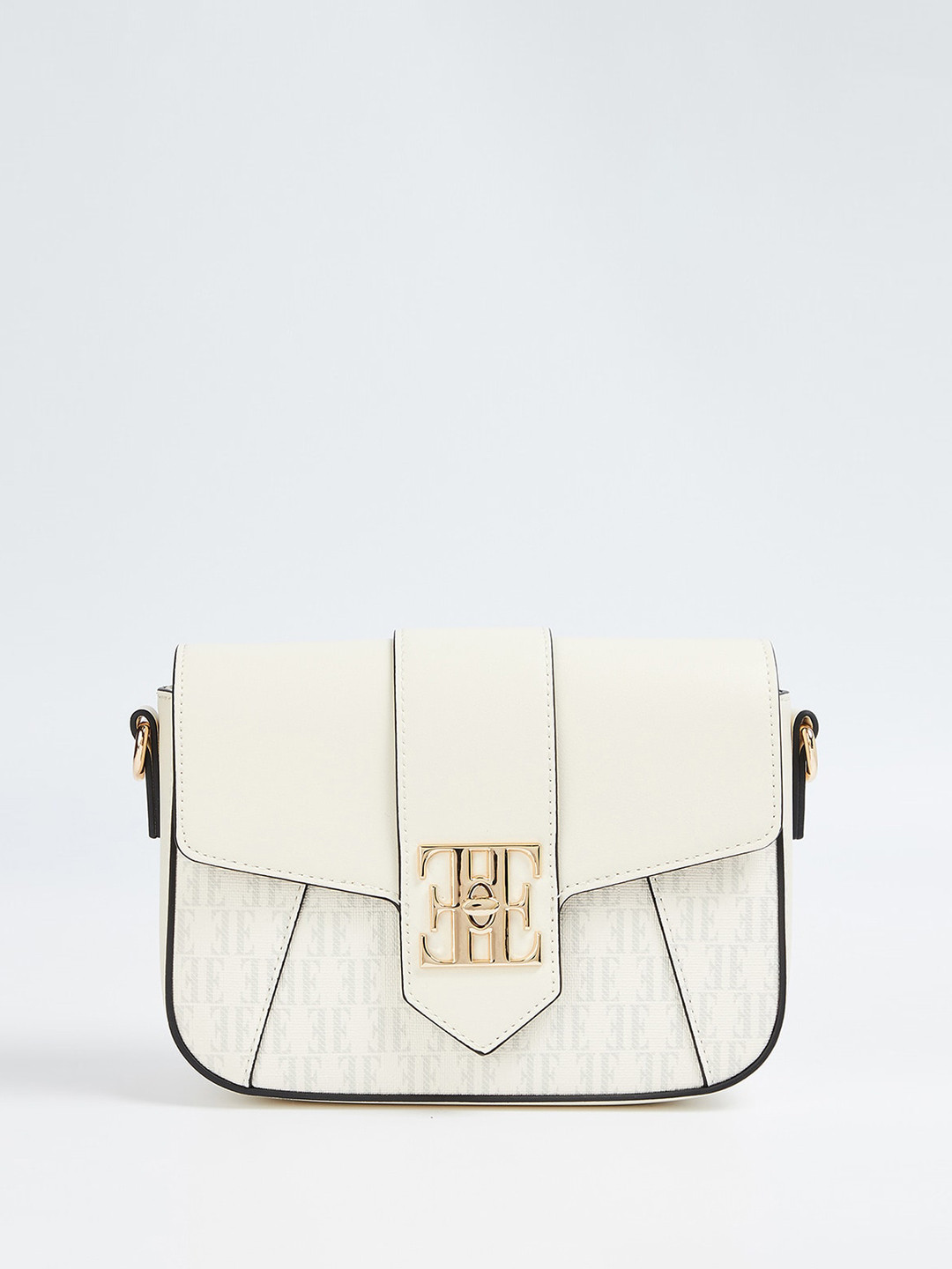 

ELLE Typography Printed Textured PU Structured Sling Bag, Off white