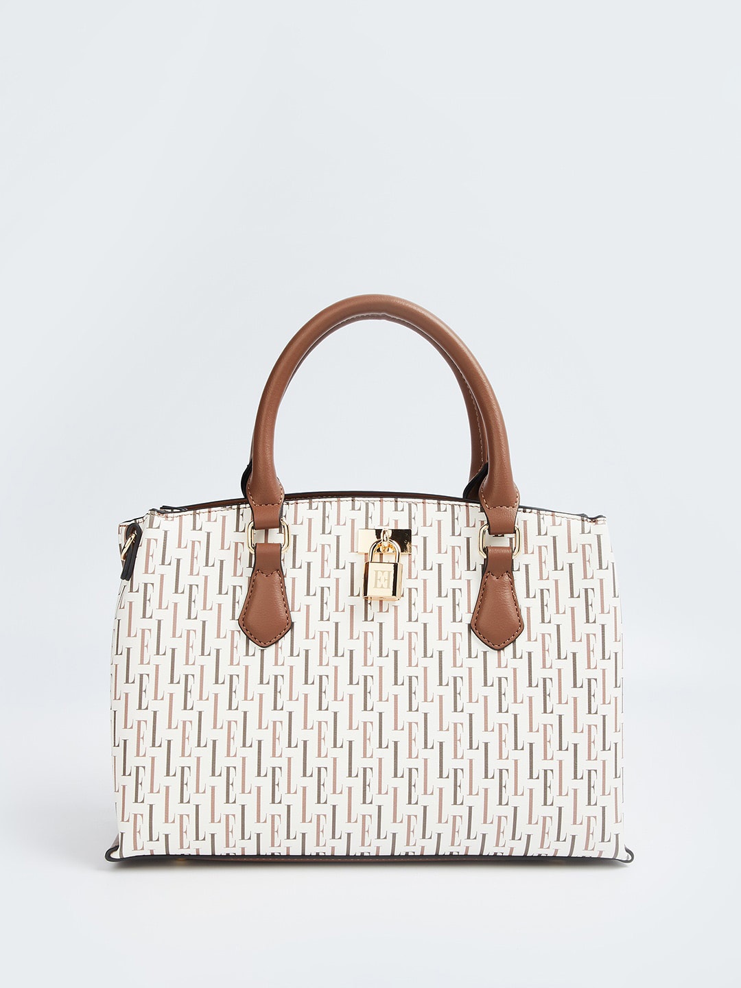 ELLE Typography Printed Zip Detail PU Shopper Handheld Bag, Tan