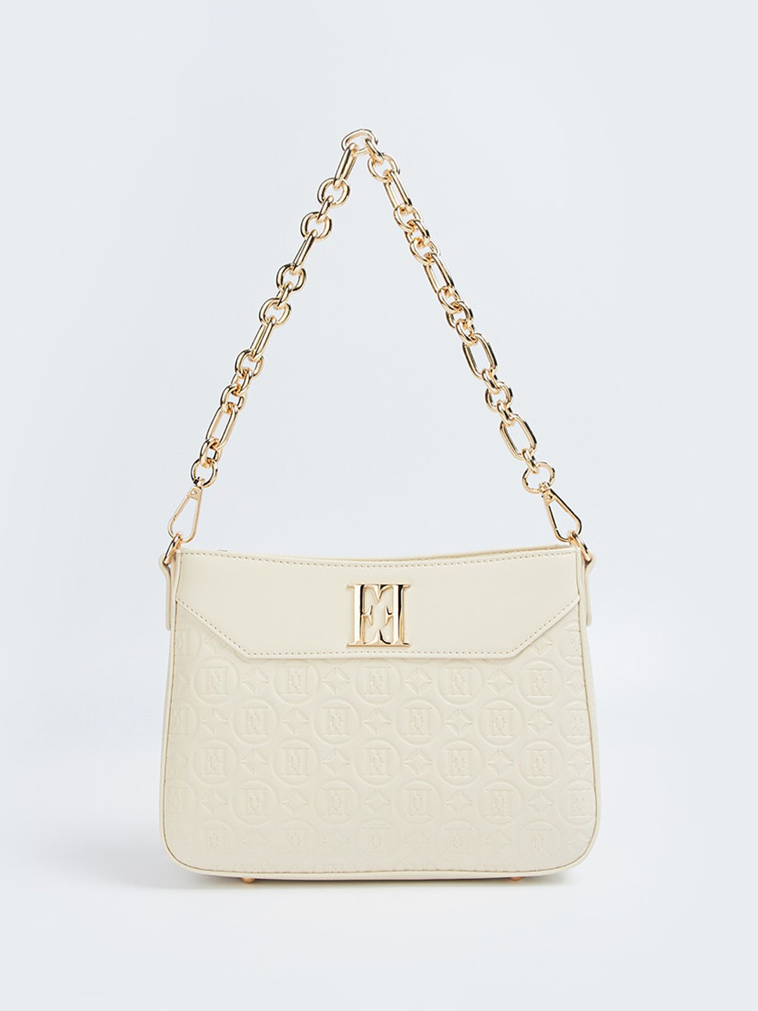 

ELLE Embellished Zip Detail PU Structured Shoulder Bag, Beige