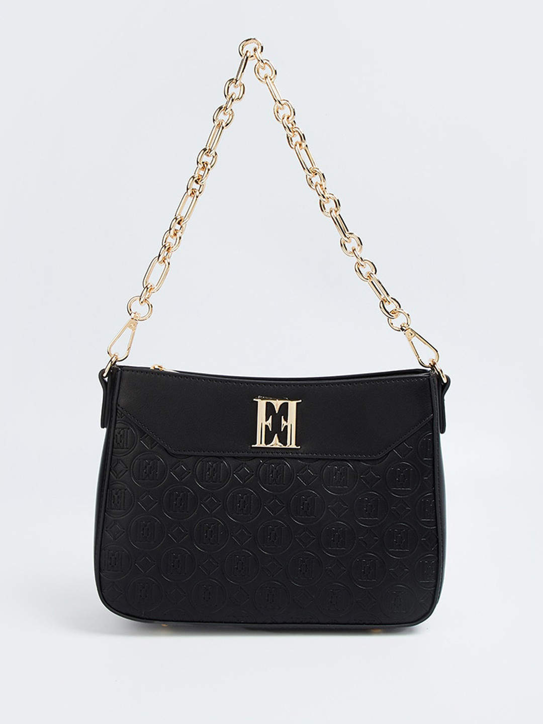 

ELLE Embellished Zip Detail PU Structured Shoulder Bag, Black