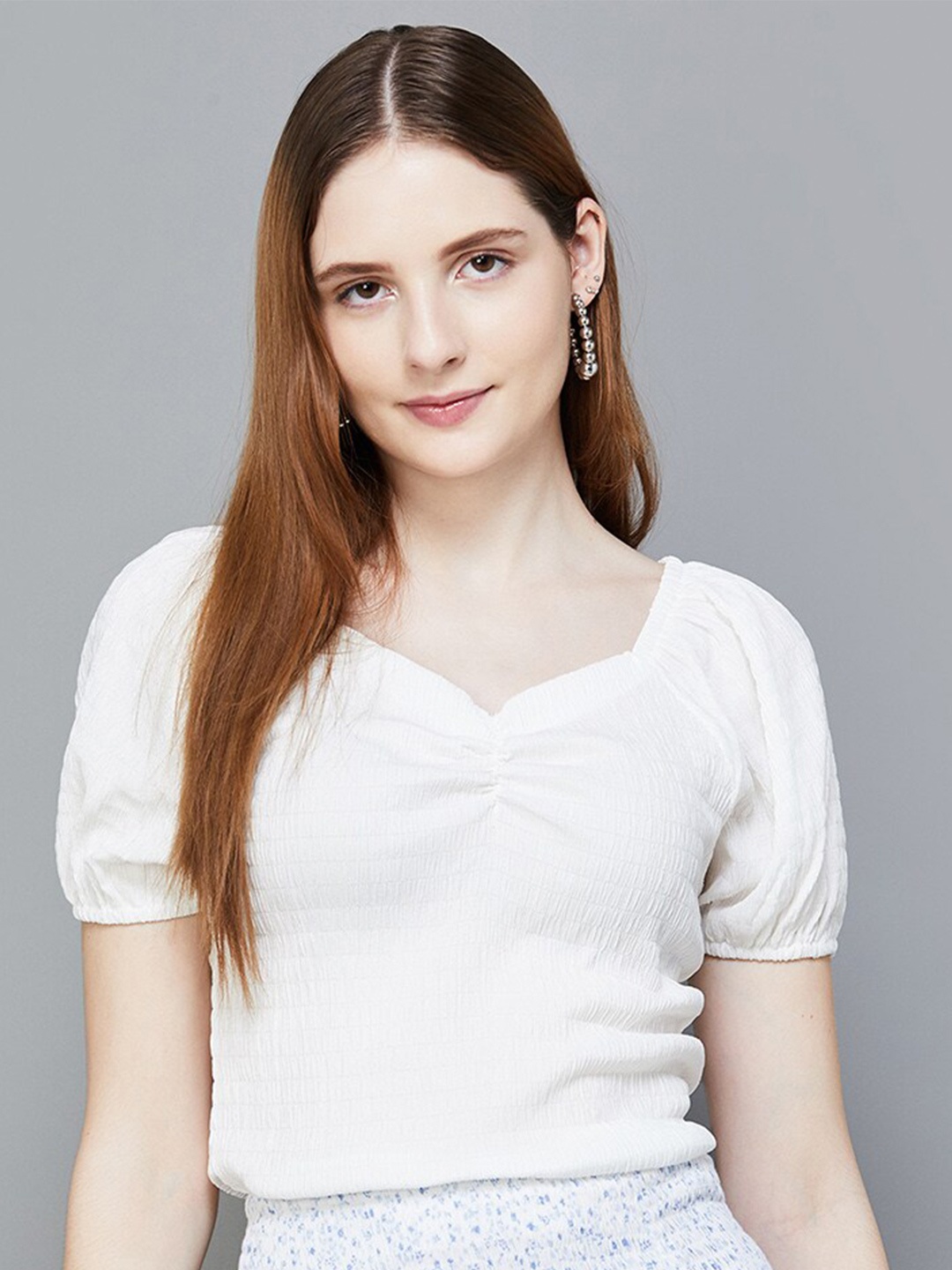 

Fame Forever by Lifestyle Self Design Sweetheart Neck Puff Sleeve Opaque Casual Top, White