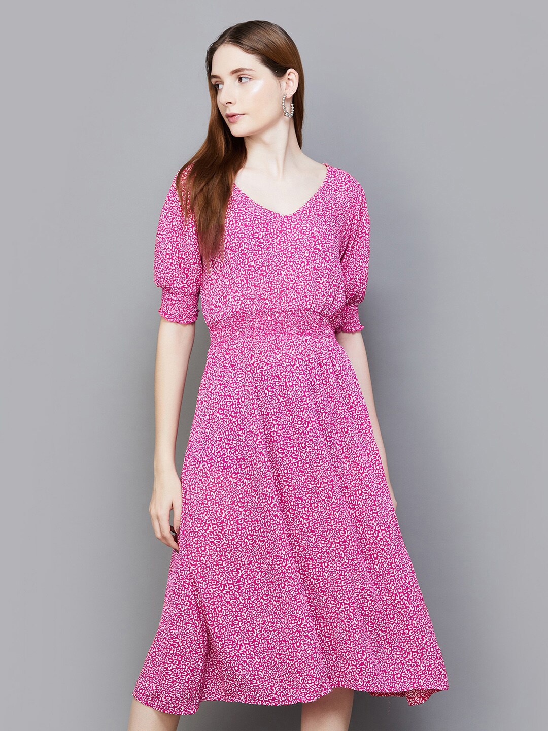 

Fame Forever by Lifestyle Floral Printed V-Neck Puff Sleeve Fit & Flare Dress, Pink