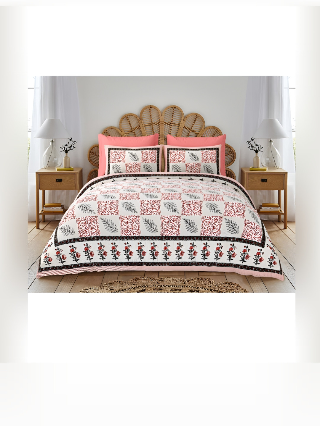 

Block Print Story White Ethnic Motifs 210 TC Cotton King Bedsheet with 2 Pillow Covers, Red