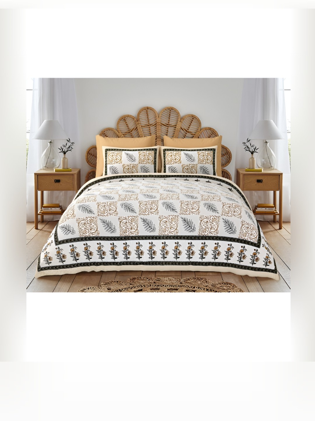 

Block Print Story White Ethnic Motifs 210 TC Cotton King Bedsheet with 2 Pillow Covers, Brown