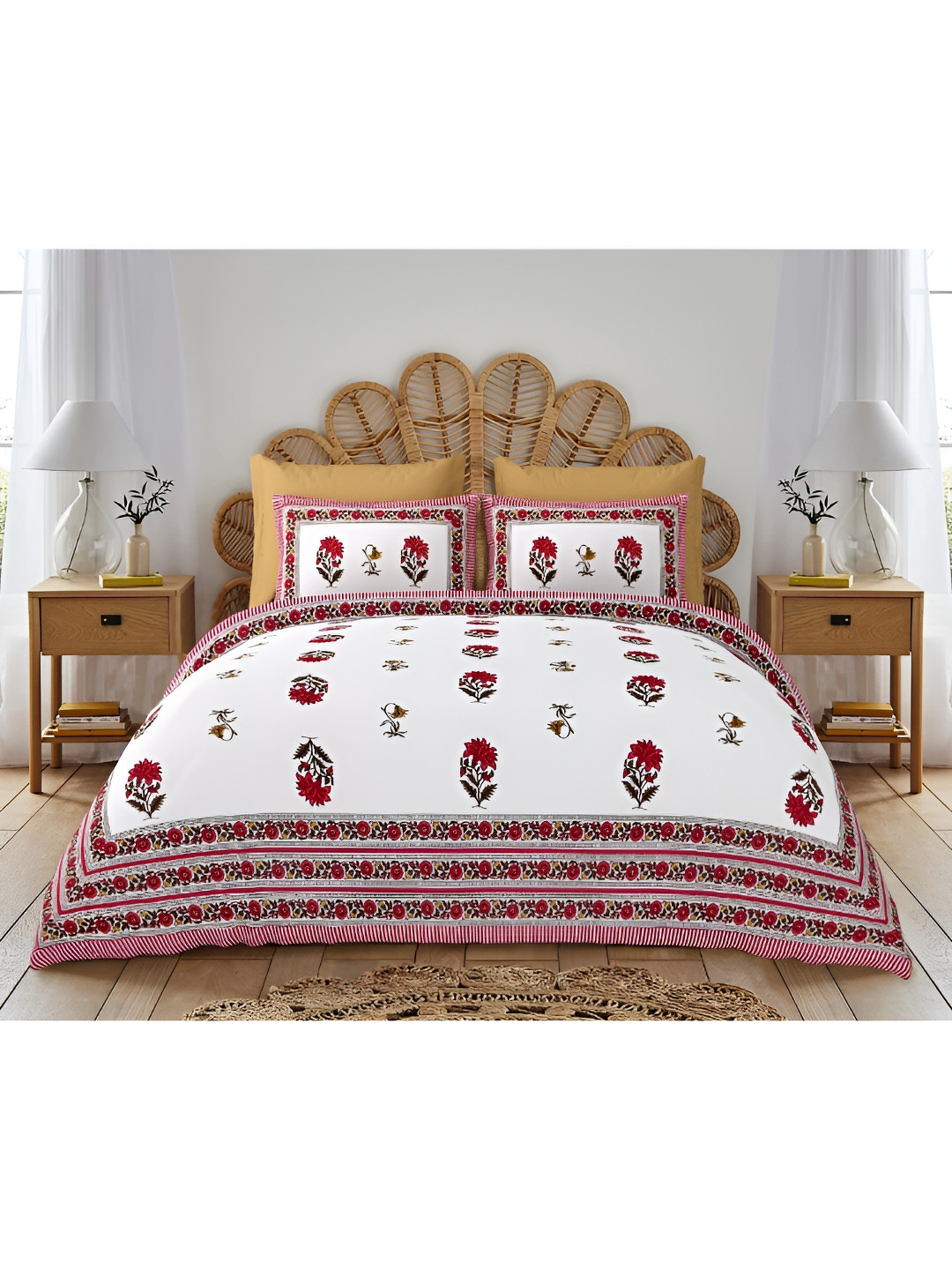 

Block Print Story White Floral 210 TC Cotton King Bedsheet with 2 Pillow Covers, Red