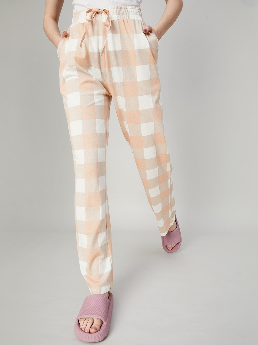 

Ginger by Lifestyle Women Checked Mid-Rise Pure Cotton Lounge Pants, Beige
