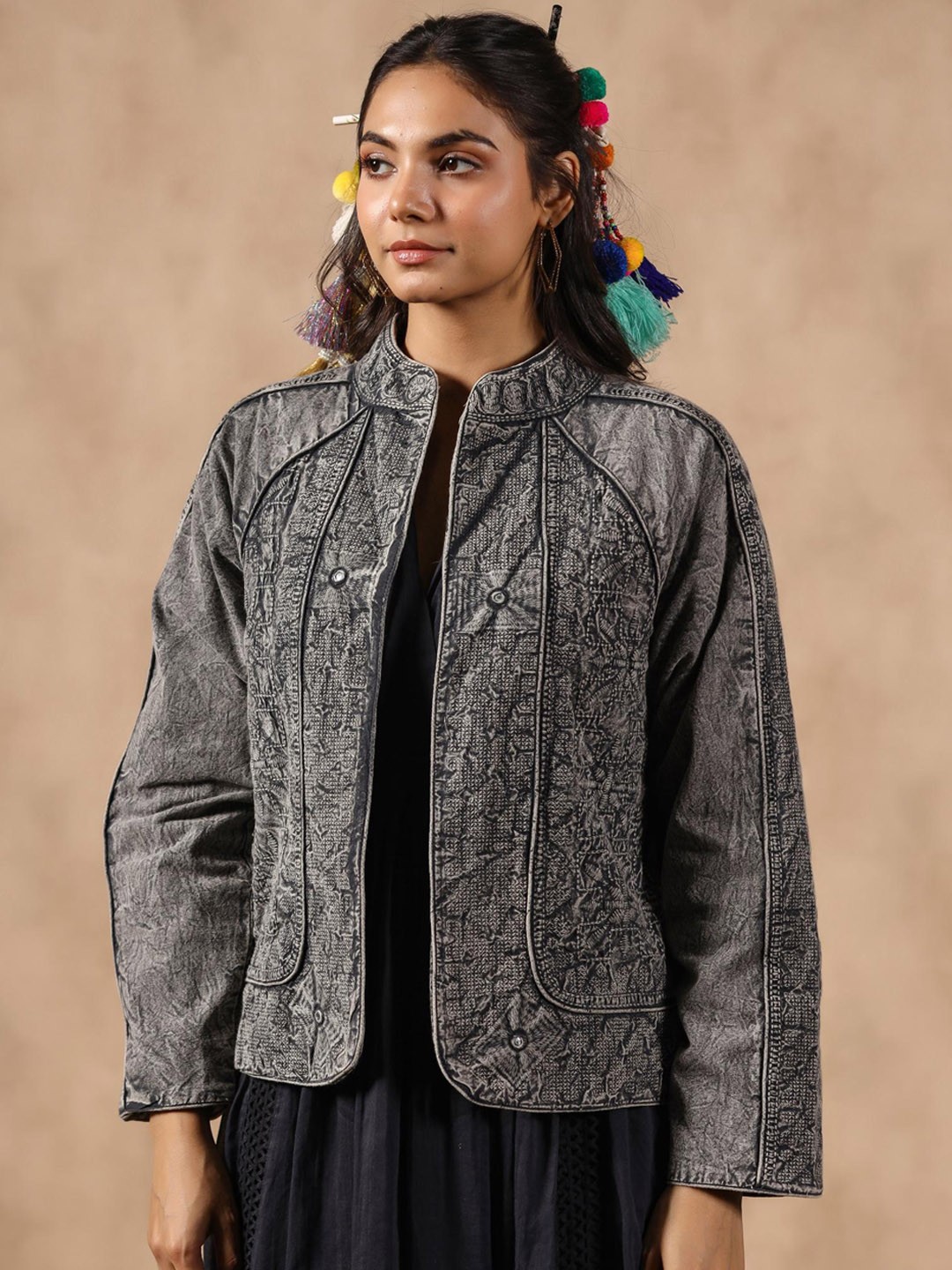 

Nyaro Abstract Printed Embroidered Mirror Work Cotton Denim Jacket, Grey