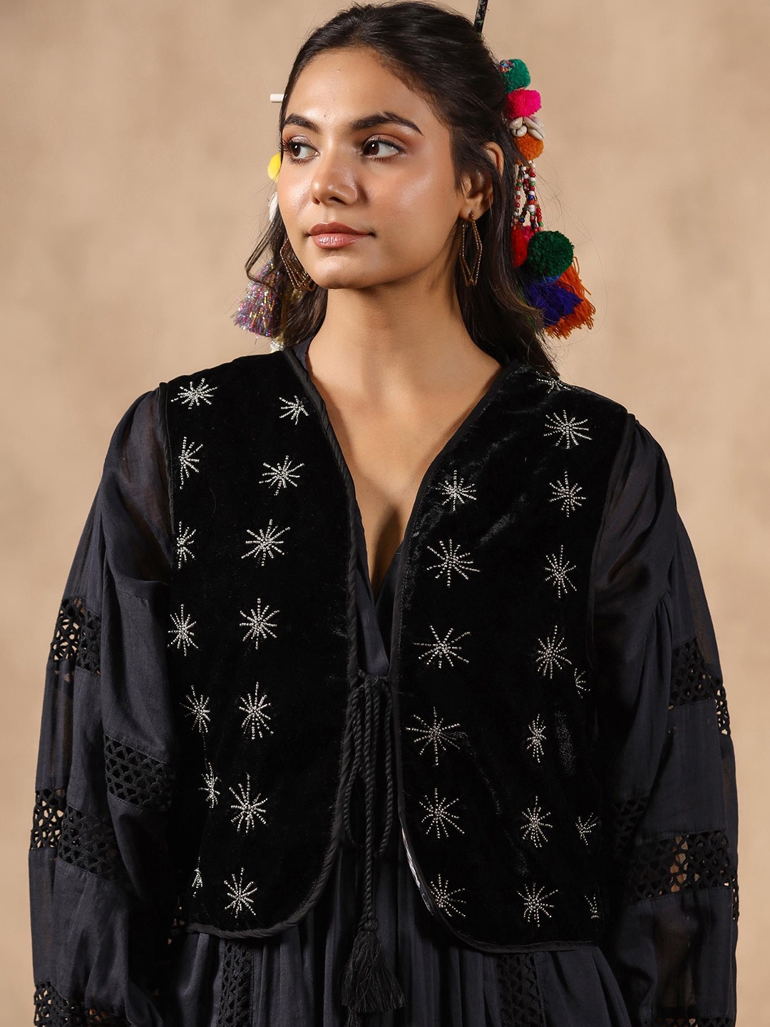 

Nyaro Geometric Embroidered Crop Velvet Bomber Jacket, Black