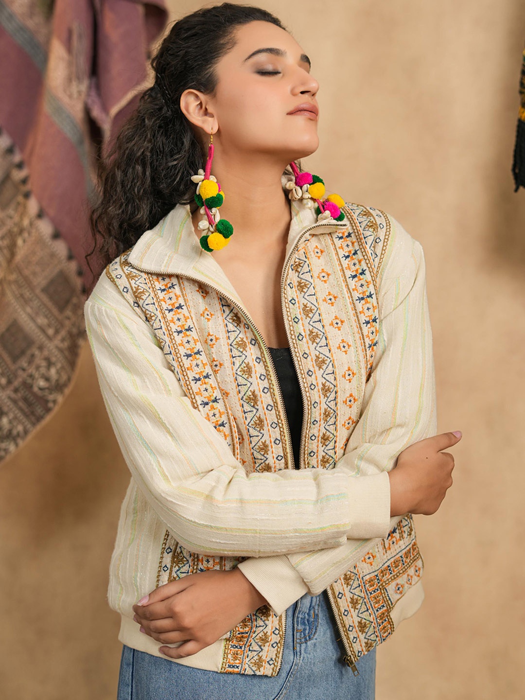

Nyaro Geometric Embroidered Cotton Bomber Jacket, White