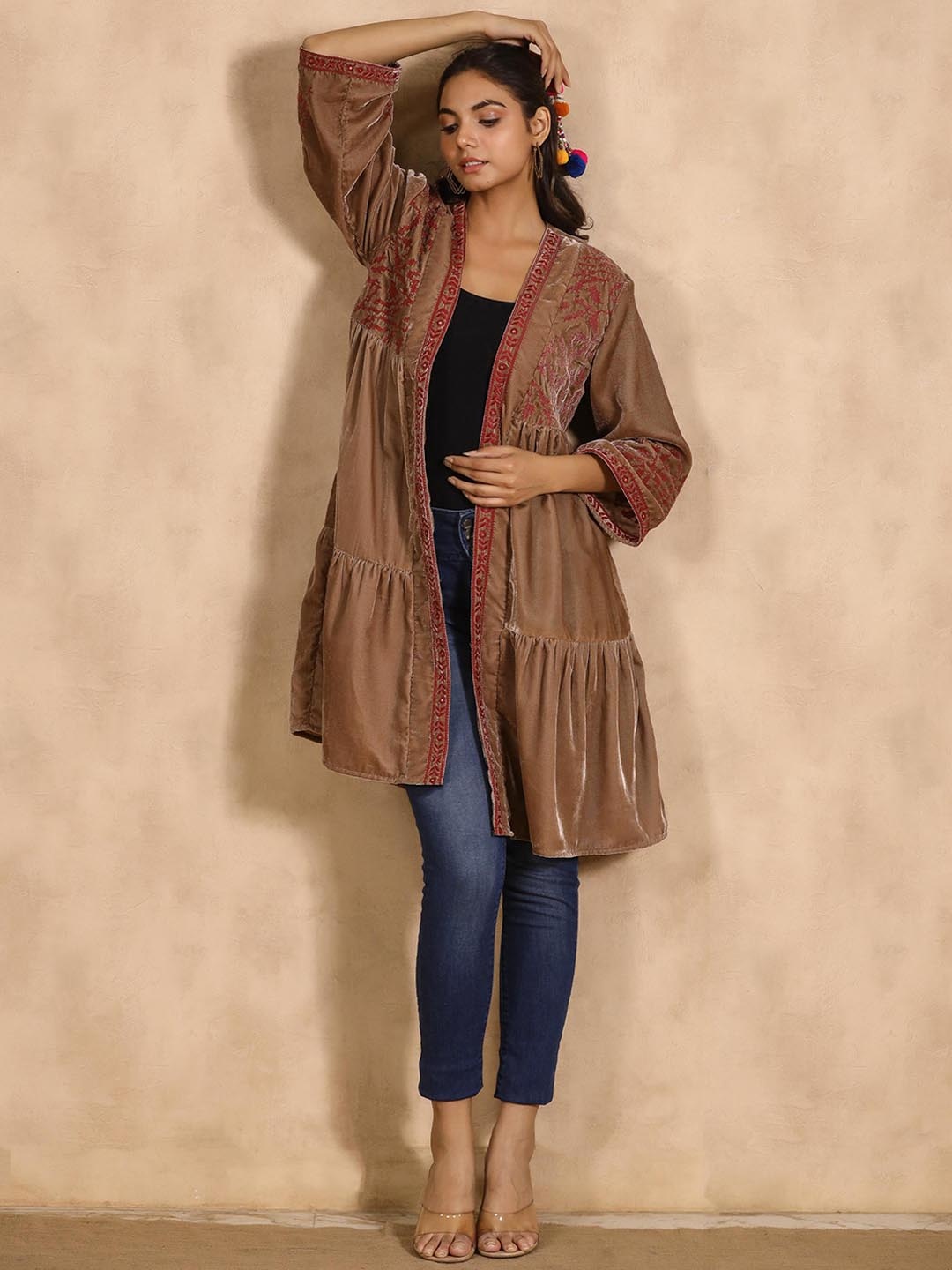 

Nyaro Floral Embroidered Longline Mirror Work Velvet Open Front Jacket, Rust