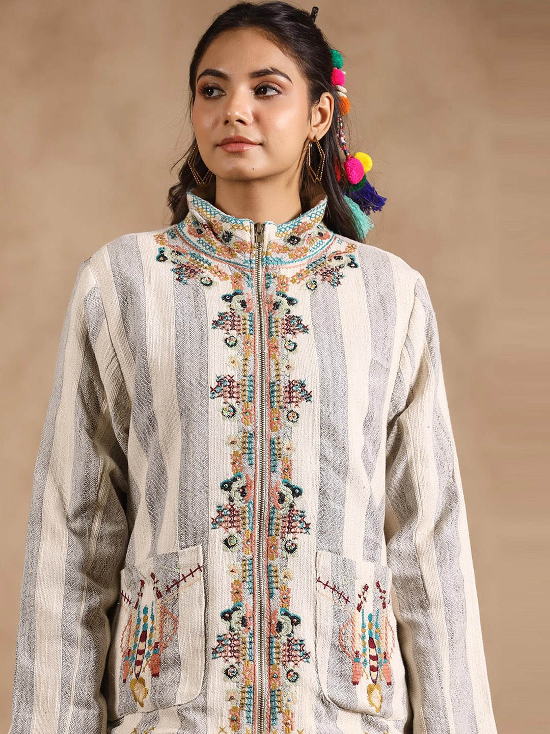 

Nyaro Striped Embroidered Longline Cotton Tailored Jacket, Off white