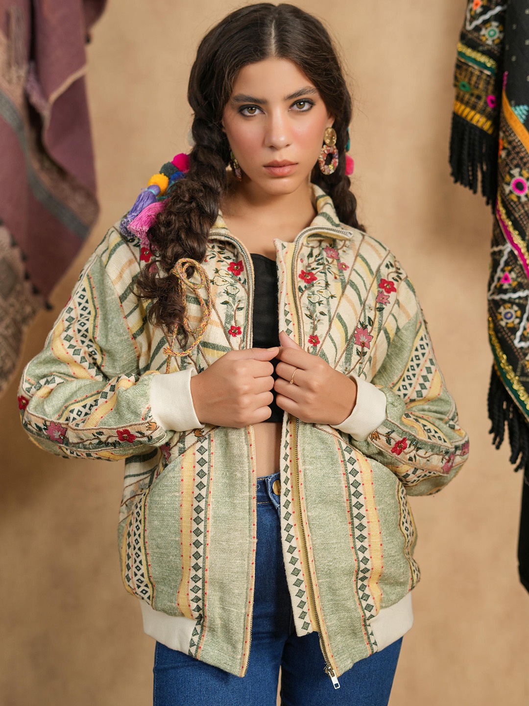 

Nyaro Floral Embroidered Cotton Bomber Jacket, Green