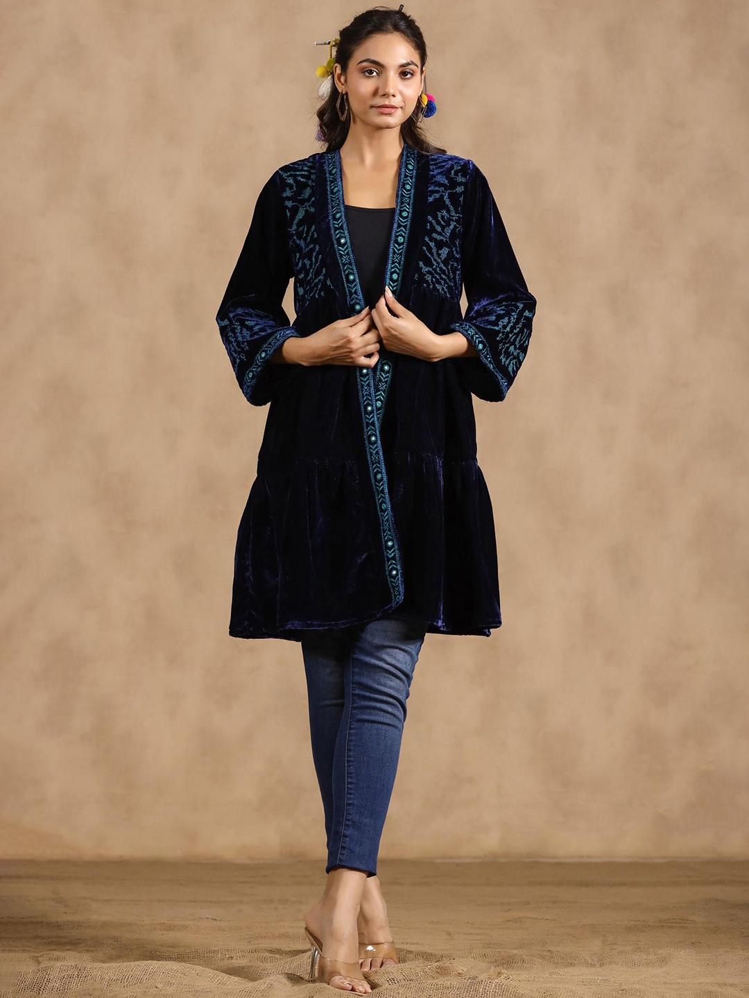 

Nyaro Floral Embroidered Mirror Work Longline Open Front Velvet Jacket, Navy blue
