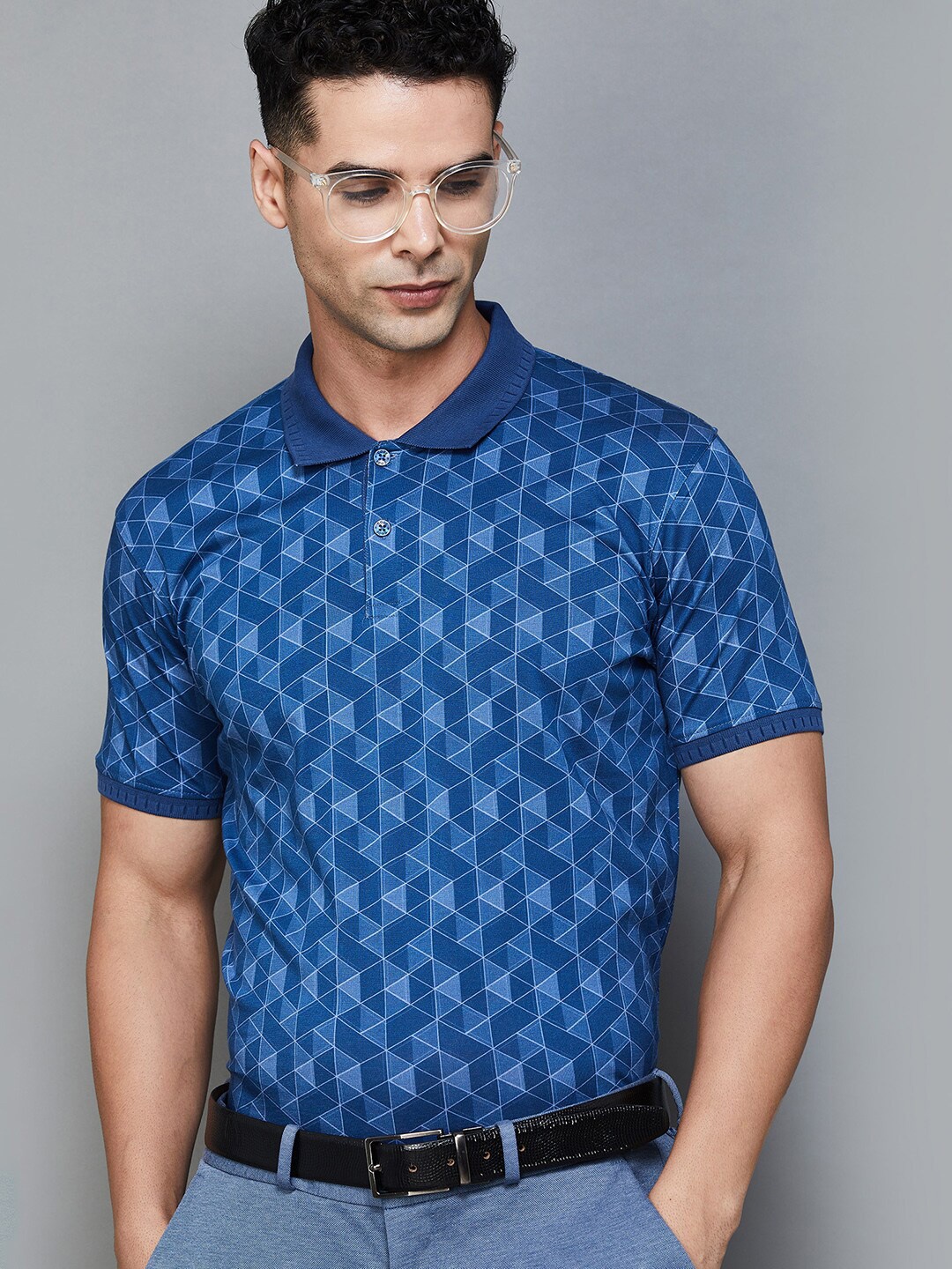 

CODE by Lifestyle Geometric Printed Polo Collar Short Sleeves Cotton T-shirt, Blue