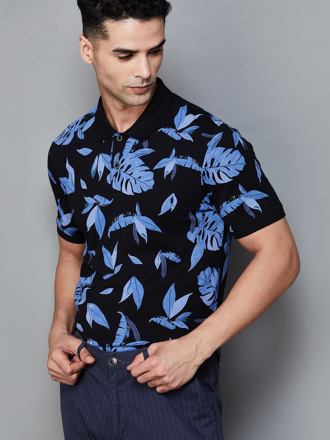 

CODE by Lifestyle Floral Printed Polo Collar Cotton T-shirt, Black