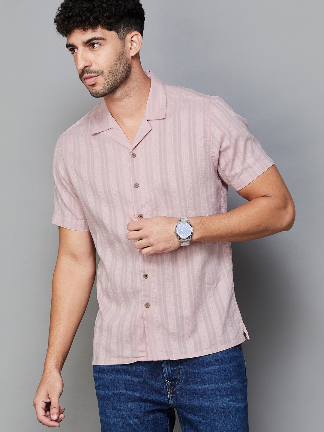 

CODE by Lifestyle Striped Cotton Spread Collar Curved Casual Shirt, Pink