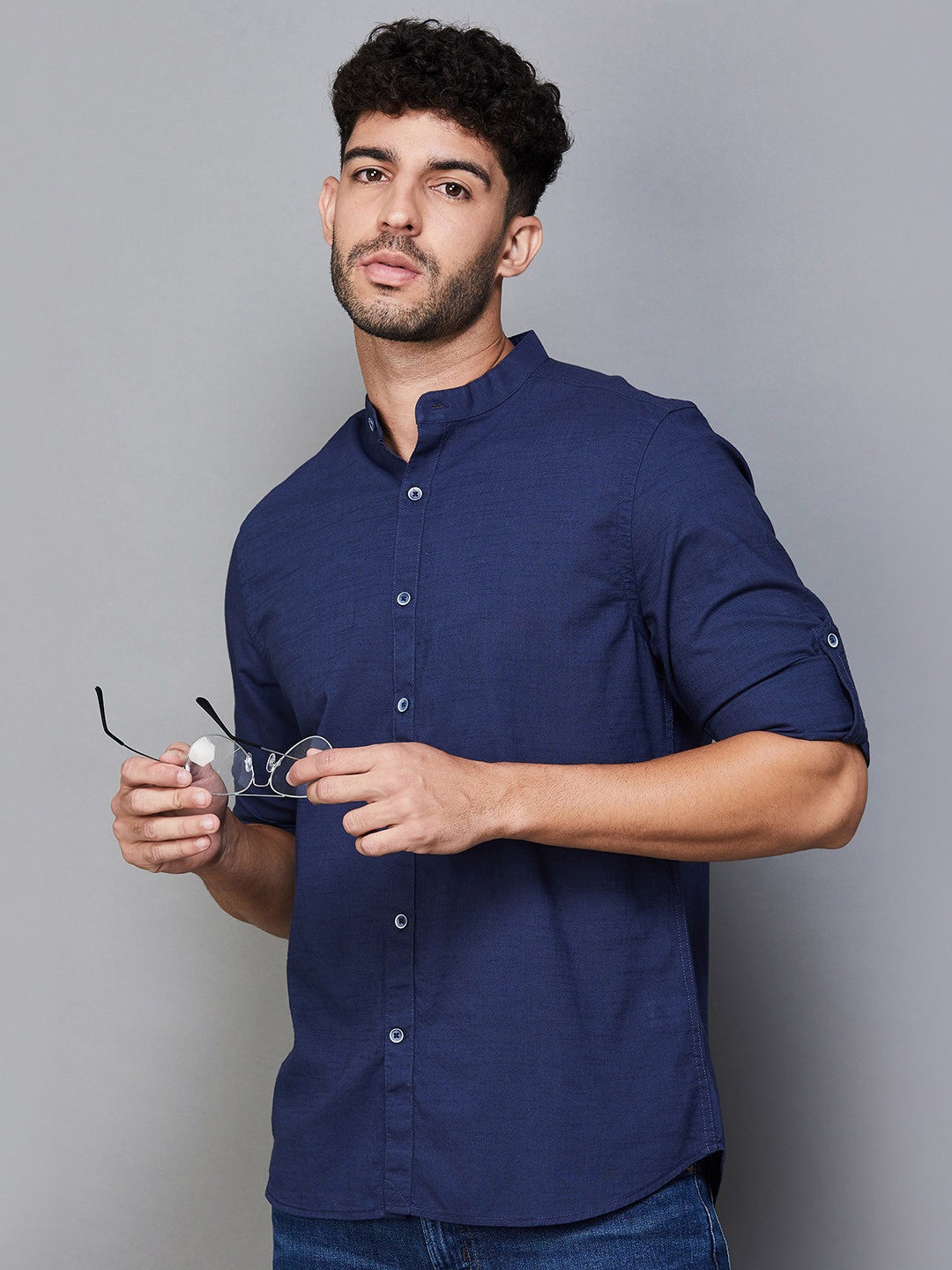 

CODE by Lifestyle Mandarin Collar Cotton Roll-Up Sleeves Curved Casual Shirt, Blue