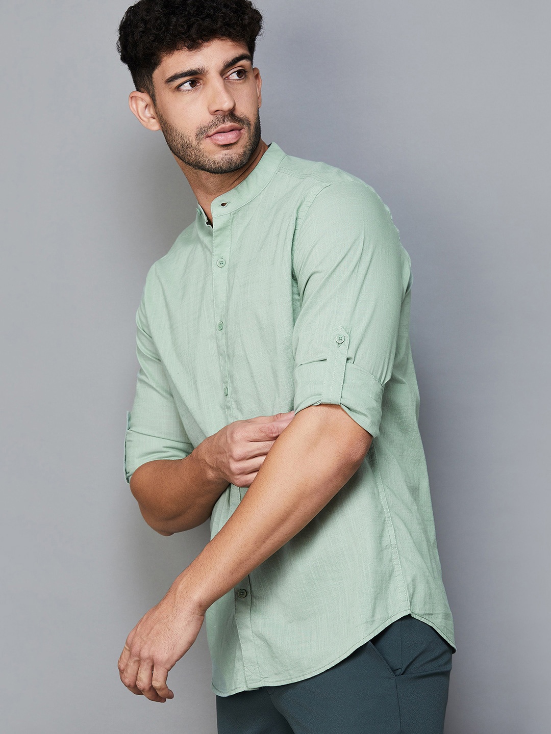

CODE by Lifestyle Mandarin Collar Cotton Roll-Up Sleeves Curved Casual Shirt, Olive