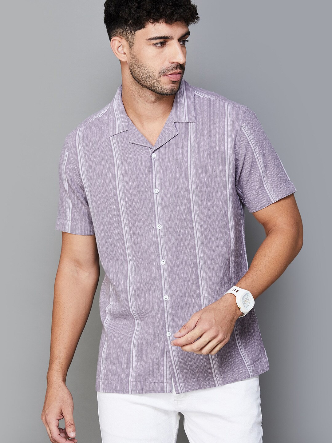 

CODE by Lifestyle Striped Cotton Spread Collar Curved Casual Shirt, Purple