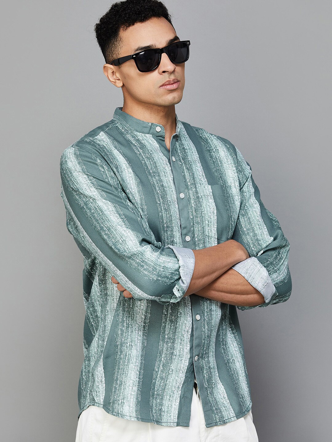

CODE by Lifestyle Striped Printed Mandarin Collar Long Sleeves Casual Shirt, Green