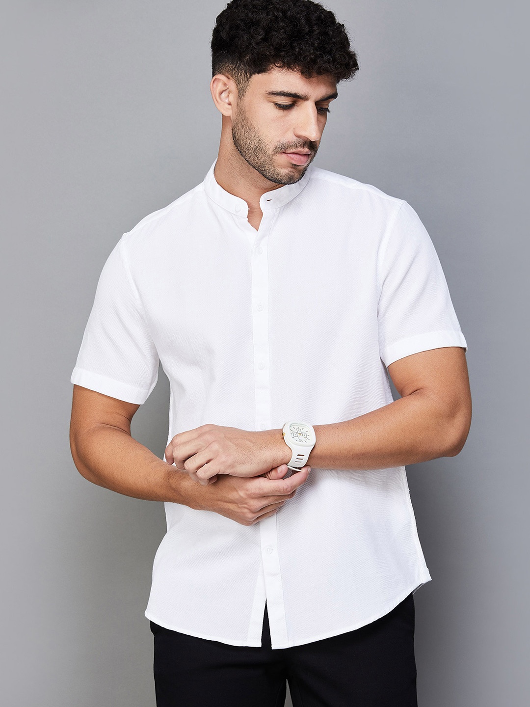 

CODE by Lifestyle Mandarin Collar Short Sleeves Casual Shirt, White